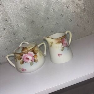 Antique Floral Nippon Creamer & Sugar Bowl Set w/ Gold Trim